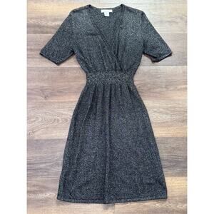 Liz Claiborne Dress Metallic Black Gold Short Sleeve V Neck Knee Length - Med